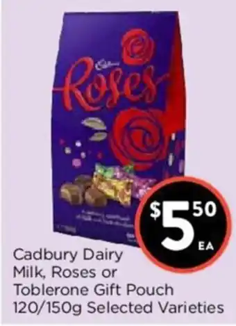 Cadbury Dairy Milk, Roses or Toblerone Gift Pouch 120/150g
