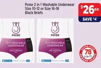Poise 2 in 1 Washable Underwear Size 10-12 or Size 16-18 Black Briefs
