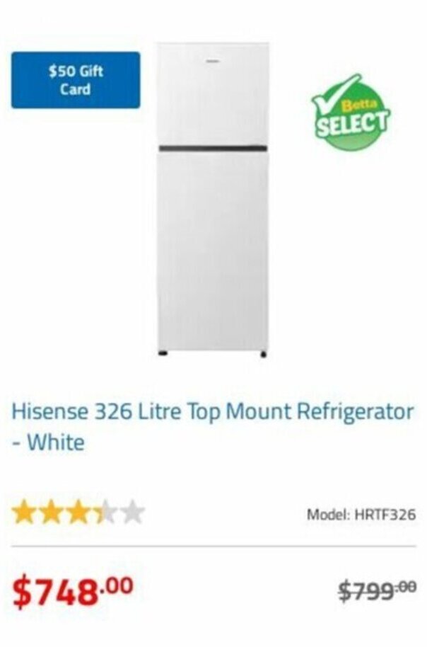 Hisense 326 Litre Top Mount Refrigerator White offer at Betta