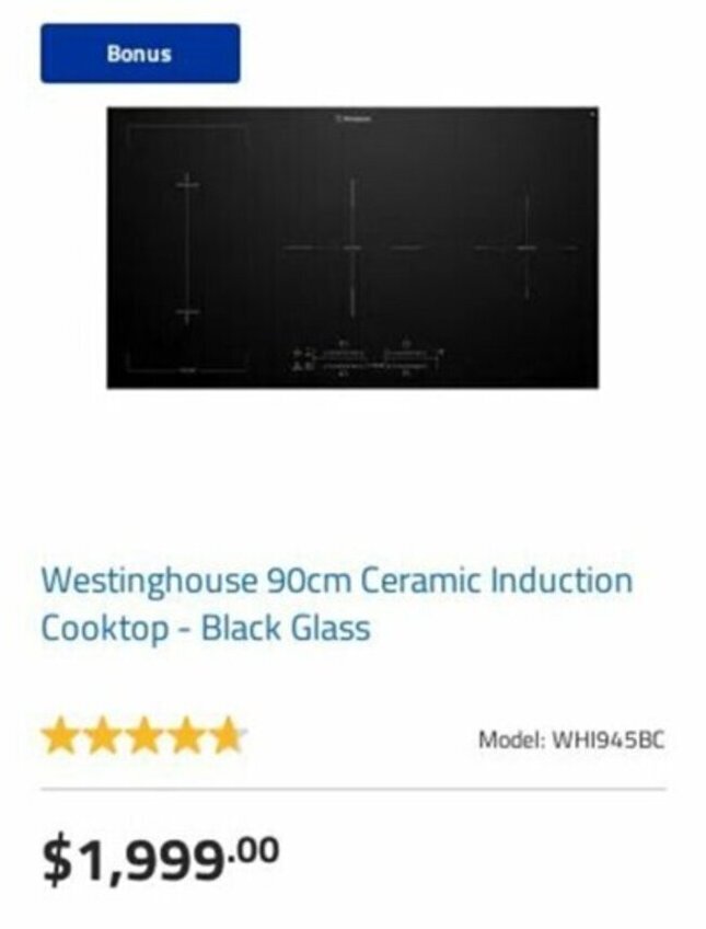 Westinghouse 90cm Ceramic Induction Cooktop Black Glass offer at Betta