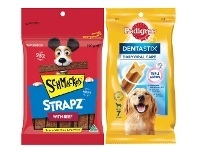 Pedigree Dentastix Pk 7 or Schmackos Strapz Dog Treats 200g