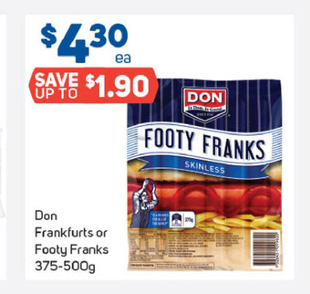 Foodland Don Frankfurts or Footy Franks 375-500g offer