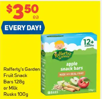 Foodland Rafferty's Garden Fruit Snack Bars 128g or Milk Rusks 100g offer