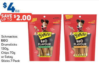 Foodland Schmackos BBQ Drumsticks 130g, Chips 70g or Satay Sticks 7 Pack offer