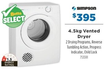 Betta Simpson 4.5kg Vented Dryer offer