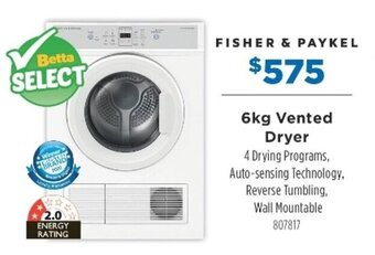 Betta Fisher & Paykel 6kg Vented Dryer offer