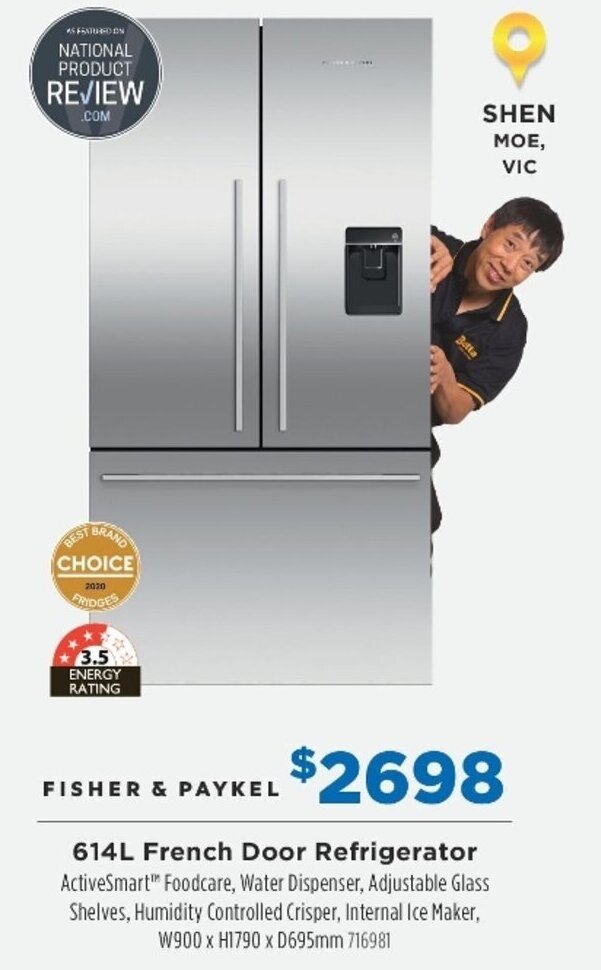 Fisher & Paykel 614L French door Refrigerator offer at Betta