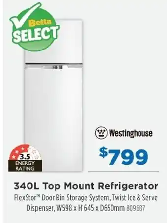 Westinghouse 340L Top Mount Refrigerator