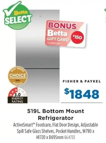 Betta Fisher & Paykel 519L Bottom Mount Refrigerator offer