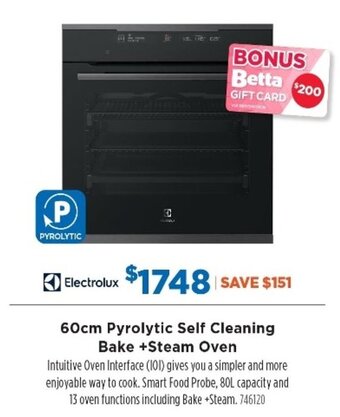 Betta Electrolux 60cm Pyrolytic Self Cleaning Bake + Steam Oven offer