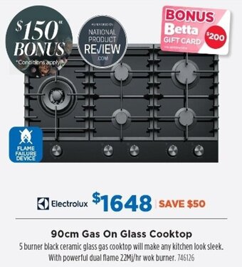 Betta Electrolux 90cm Gas On Glass Cooktop offer
