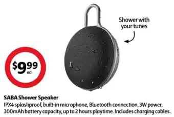 Coles SABA Shower Speaker IPX4 splashproof, built-in microphone, Bluetooth connection, 3W power, 300mAh battery capacity, offer
