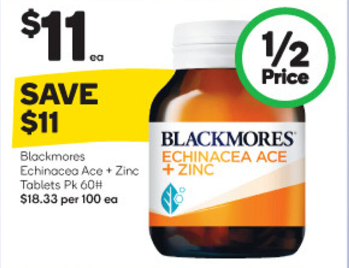 Blackmores Echinacea Ace + Zinc Tablets Pk 60 18.33 per 100 ea offer