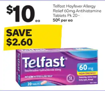 Woolworths Telfast Hayfever Allergy Relief 60mg Antihistamine Tablets Pk 20-50¢ per ea offer
