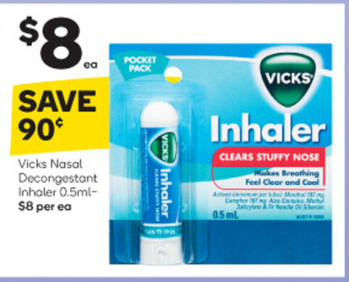 Vicks Nasal Decongestant Inhaler 0.5ml8 per ea offer at Woolworths