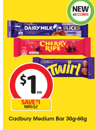 Coles Cadbury Medium Bar 30g-60g offer
