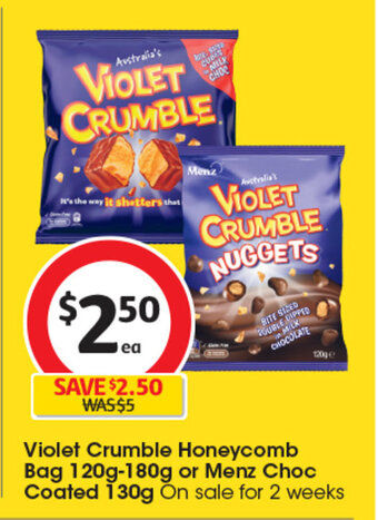 Coles Violet Crumble Honeycomb Bag 120g-180g or Menz Choc Coated 130g offer