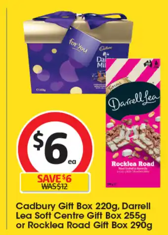 Coles Cadbury Gift Box 220g, Darrell Lea Soft Centre Gift Box 255g or Rocklea Road Gift Box 290g offer