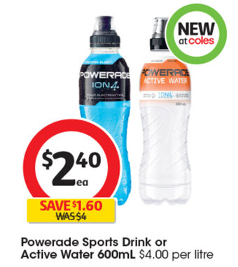 Coles Powerade Sports Drink or Active Water 600mL offer