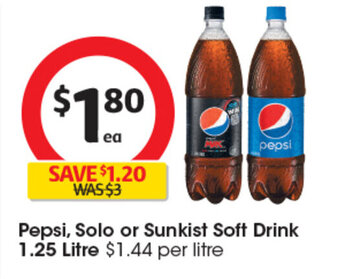 Coles Pepsi, Solo or Sunkist Soft Drink 1.25 Litre offer