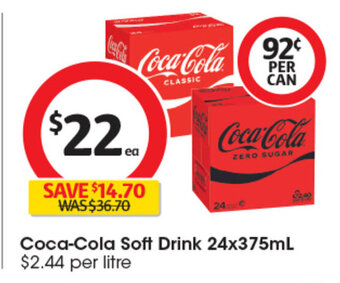 Coles Coca-Cola Soft Drink 24x375mL offer