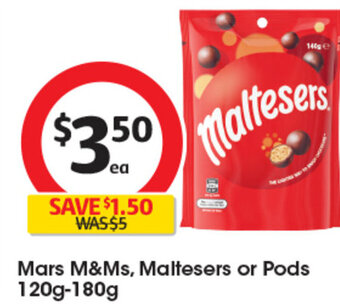 Coles Mars M&Ms, Maltesers or Pods 120g-180g offer