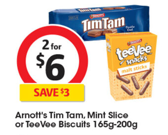 Coles Arnott's Tim Tam, Mint Slice or TeeVee Biscuits 165g-200g offer