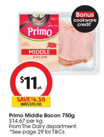 Coles Primo Middle Bacon 750g offer