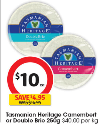 Coles Tasmanian Heritage Camembert or Double Brie 250g offer