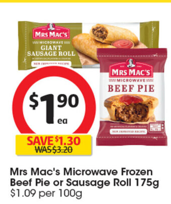 Coles Mrs Mac's Microwave Frozen Beef Pie or Sausage Roll 175g offer