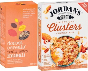 Coles Jordans Granola or Oat Clusters 500g-750g or Dorset Granola or Muesli 450g offer