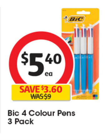 Coles Bic 4 Colour Pens 3 Pack offer