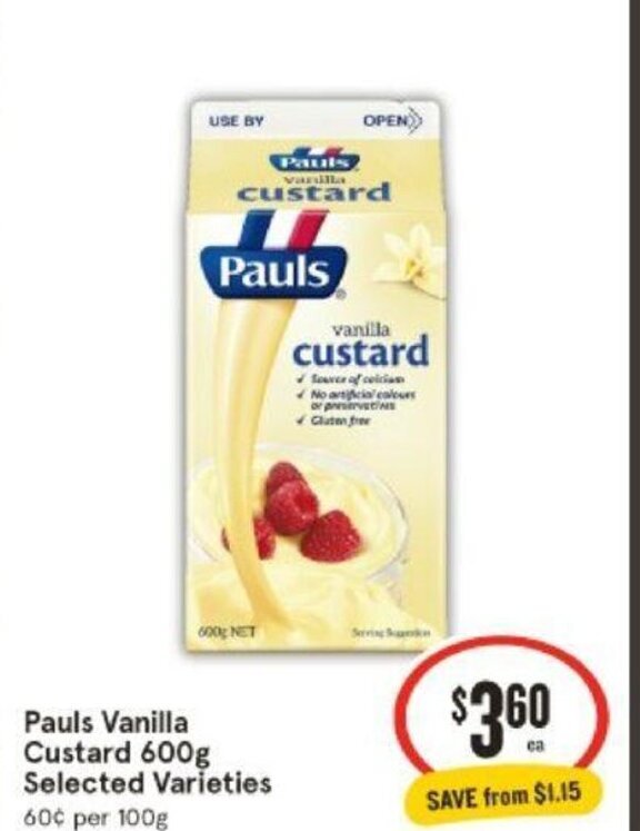 Pauls Vanilla Custard 600g Selected Varieties offer at IGA