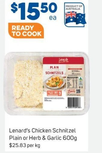 Foodland Lenard's Chicken Schnitzel Plain or Herb & Garlic 600g offer