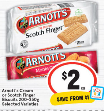 IGA Arnott's Cream or Scotch Finger Biscuits 200-250g offer