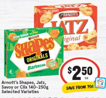 IGA Arnott's Shapes, Jatz, Savoy or Clix 140-250g offer