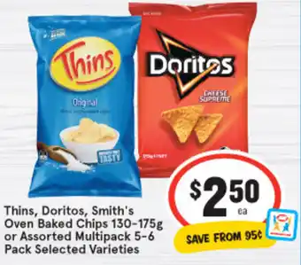IGA Thins, Doritos,Smith's Oven Baked Chips 130-175g or Assorted Multipack 5-6 Pack offer