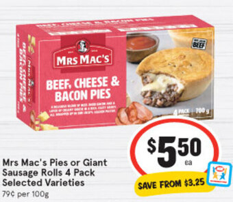 Mrs Mac's Pies or Giant Sausage Rolls 4 Pack