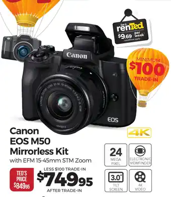Teds Cameras Canon EOS M50 Mirrorless Kit with 15-45mm STM Zoom offer