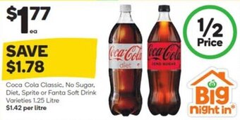 Woolworths Coca Cola Classic, No Sugar, Diet, Sprite or Fanta Soft Drink Varieties 1.25 Litre offer