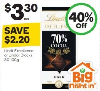 Woolworths Lindt Excellence or Lindor Blocks 80 100g offer