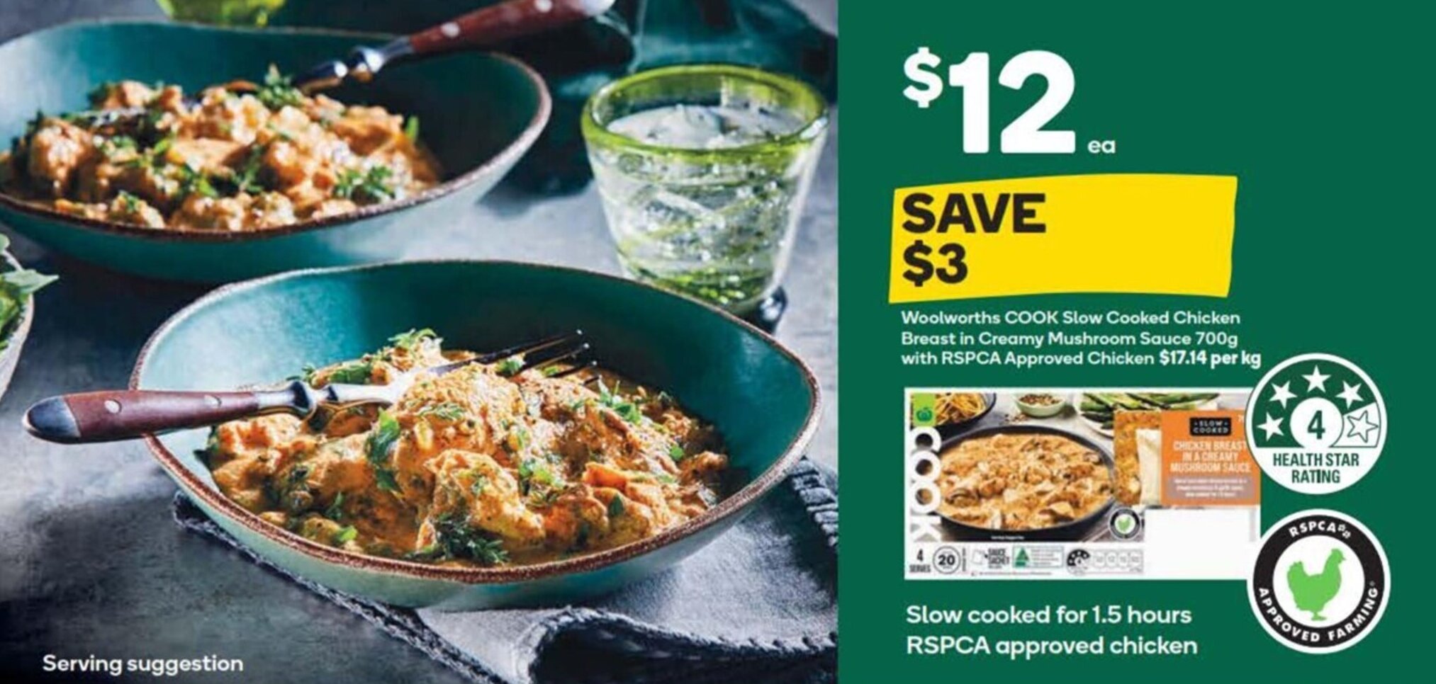 Woolworths COOK Slow Cooked Chicken Breast in Creamy Mushroom Sauce 700g with RSPCA Approved