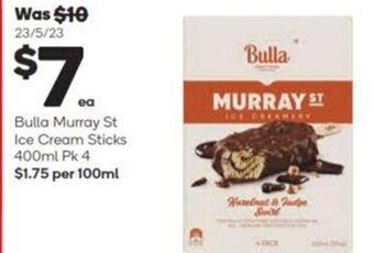 Woolworths Bulla Murray St Ice Cream Sticks 400ml Pk 4 offer