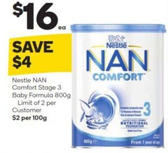 Woolworths Nestle NAN Comfort Stage 3 Baby Formula 800g Limit of 2 per Customer offer