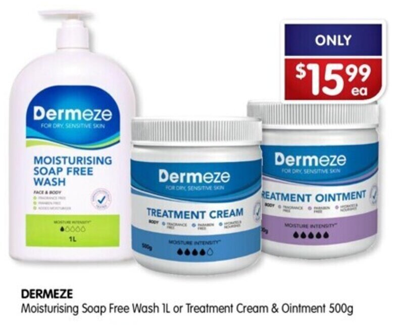 DERMEZE Moisturising Soap Free Wash 1L or Treatment Cream & Ointment 500g offer at Alliance Pharmacy