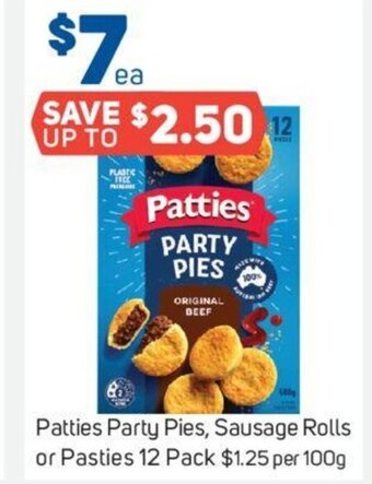 Foodland Patties Party Pies, Sausage Rolls or Pasties 12 Pack offer