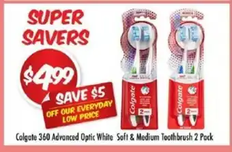 Chemist Outlet Colgate 360 Advanced Optic White Soft & medium Toothbrush 2 Pack offer