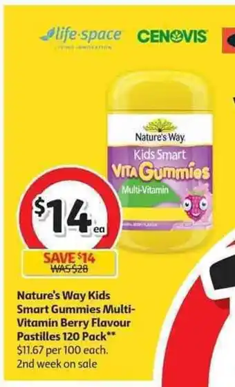 Coles Nature's Way Kids Smart Gummies Multi-Vitamin Berry Flavour Pastilles 120 Pack offer