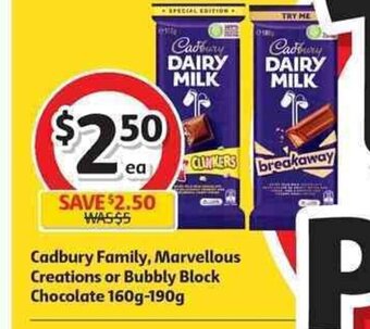 Coles Cadbury Family, Marvellous Creations or Bubbly Block Chocolate 160g-190g offer