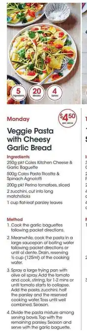 Coles Veggie Pasta with Cheesy Garlic Bread offer